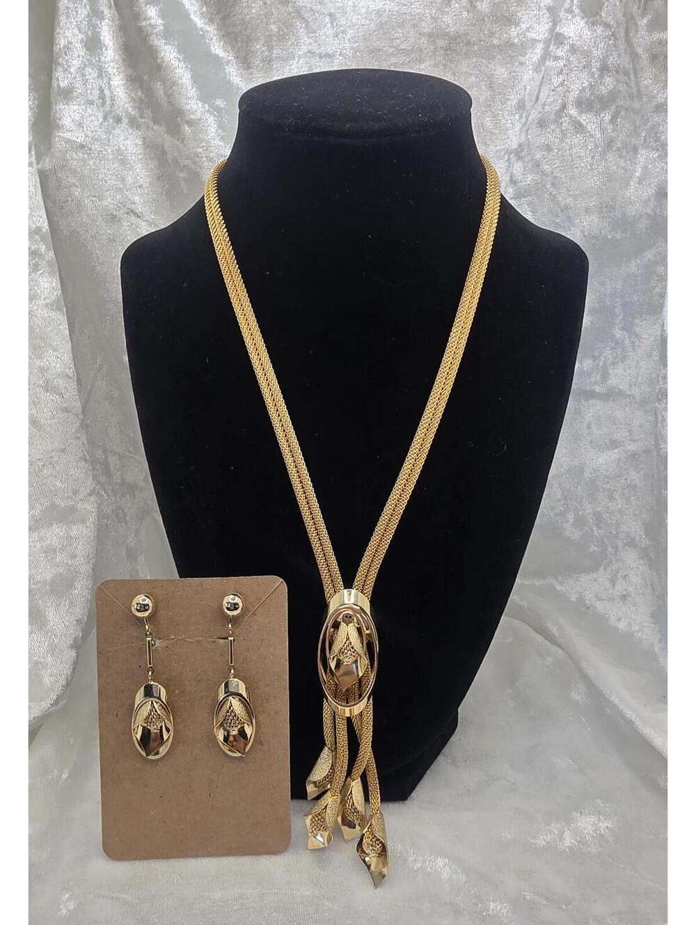 Vintage Gold Tone Mesh Tassel Necklace Earrings Set 1980s Glam Jewelry